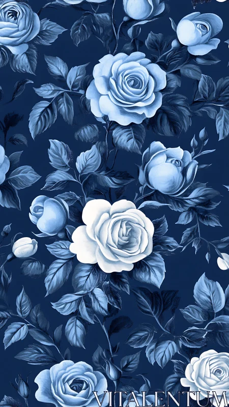 Blue Rose Botanical Illustration with Foliage Against Navy Ground.