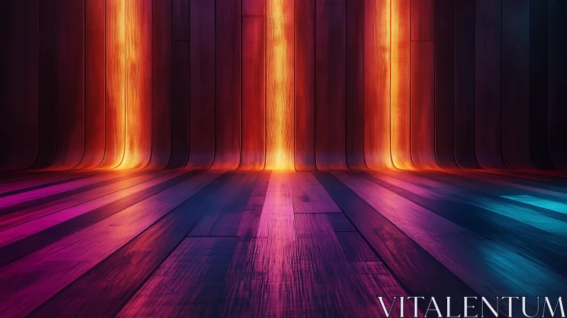 Vertical neon light panels illuminate curved wooden interior