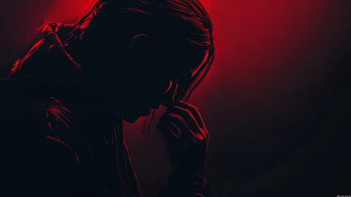 Solitary figure silhouette glows under stark red backlight.