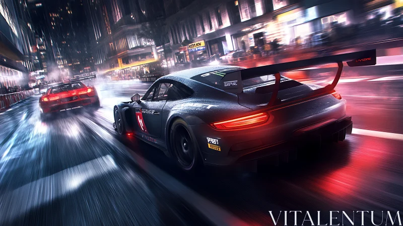 Night street racers slice through neon soaked rainstorm.