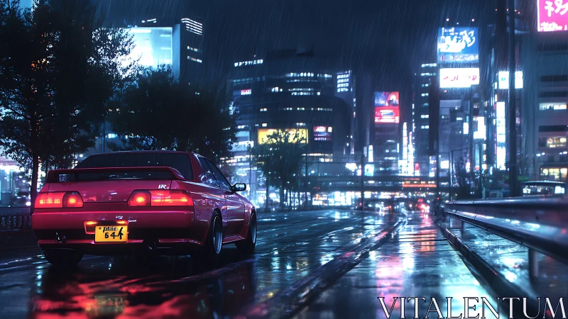 Cyberpunk night drive with neon-soaked rainy city streets.
