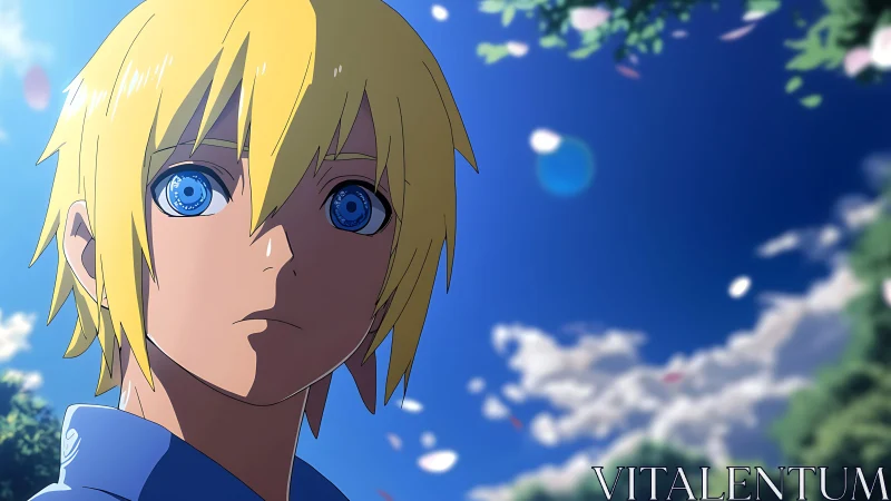 Blond anime boy under deep blue sky with blossoms falling.
