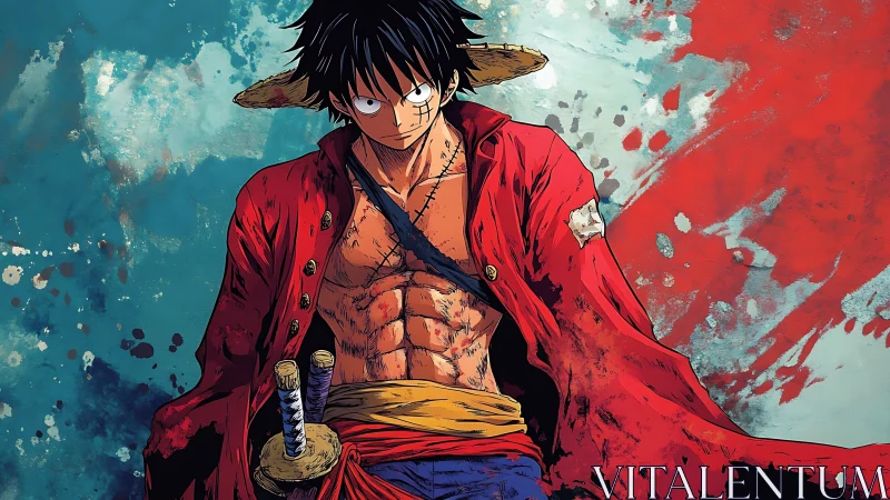 Straw-hatted pirate strides through storm-slashed colors.