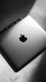 Closed silver laptop with logo in hard side lighting.