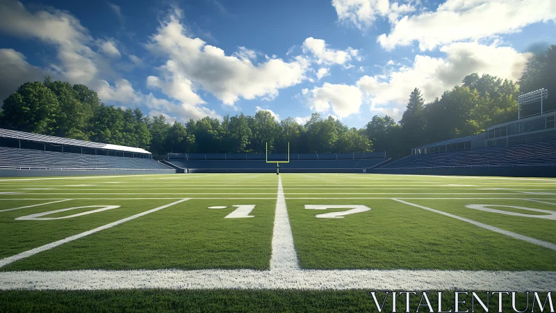 Empty outdoor football field under bright afternoon sky.