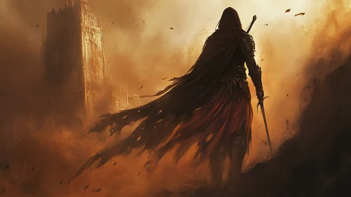 Cloaked wanderer stalking a burning citadel of dust and dread.