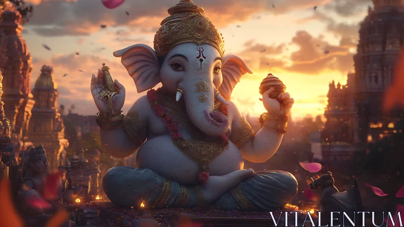 Ganesha statue sits in ornate temple courtyard at sunset