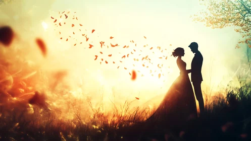 Romantic couple silhouetted in autumn sunset with falling leaves.