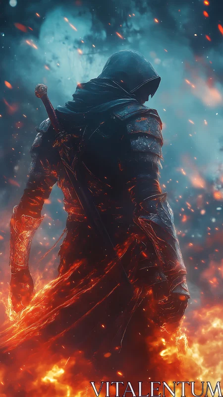 Hooded armored warrior stands in fire against smoky sky