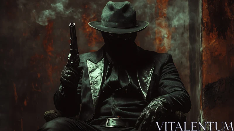 Noir gunman in fedora seated in smoke-filled industrial alley