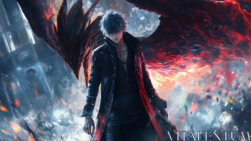 Silver haired figure with fiery wing in ruined urban setting.