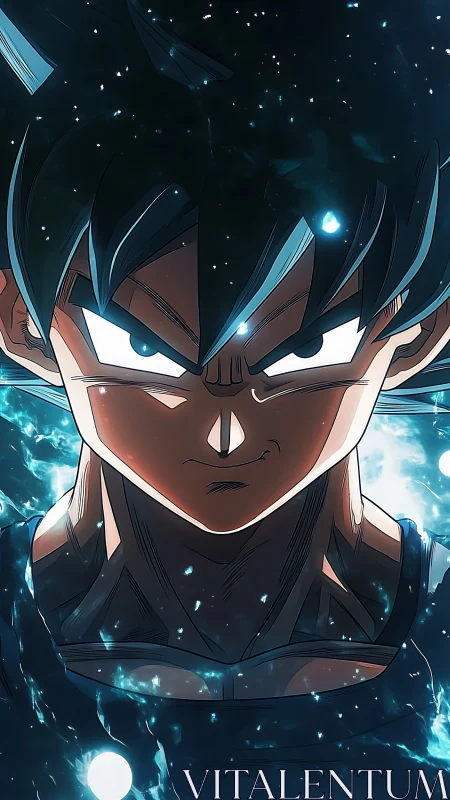 Celestial energy surrounds focused anime warrior portrait.