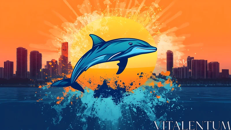 Stylized dolphin silhouette arcs before neon urban sunset