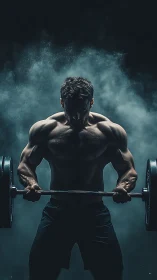 Muscular athlete lifts heavy barbell in dramatic low key light