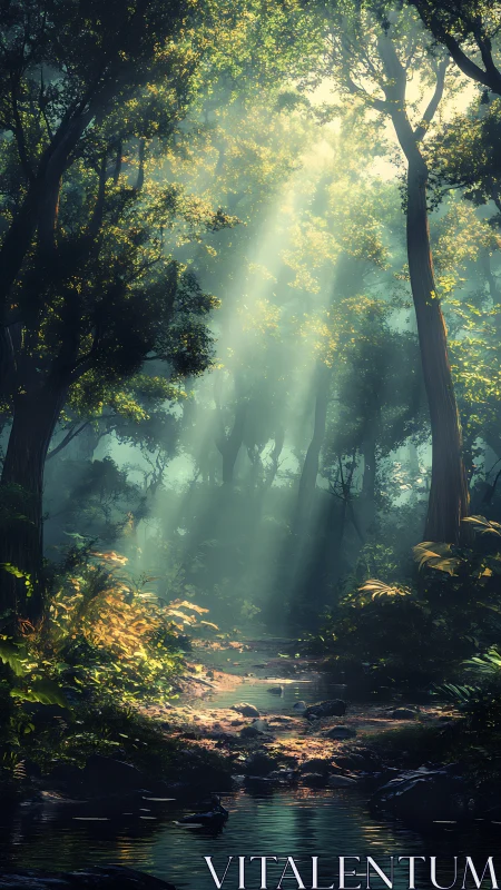 Misty Forest Stream with Canopy Illumination