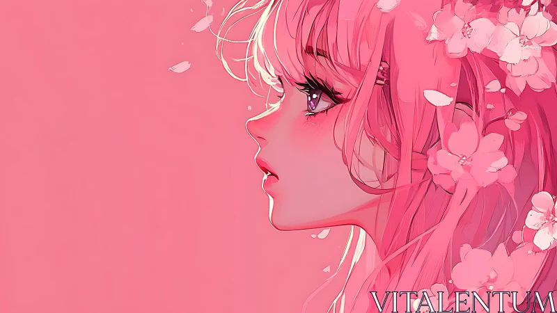 Pink-haired anime girl gazes at drifting blossoms in profile.