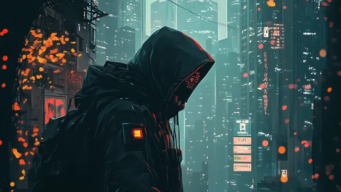 Neon hooded hacker wandering through ember lit megacity night.