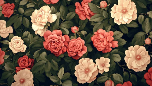 Vintage Floral Garden with Coral and Cream Roses.