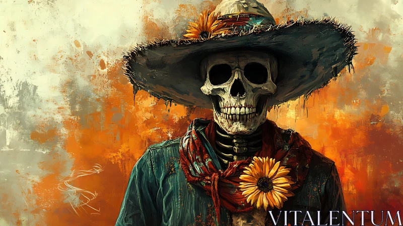 Skeleton cowboy portrait merges florals with expressive brushwork