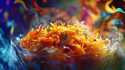 Steaming spiced rice dish in glass bowl with vivid backdrop.