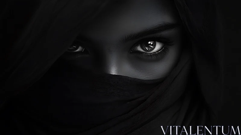 Mystic eyes emerging from midnight folds of shadowed cloth.