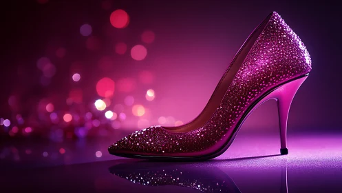 Glittering pink stiletto heel stands against vibrant bokeh glow