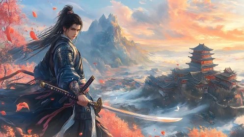 Samurai warrior stands before misty mountain temple complex