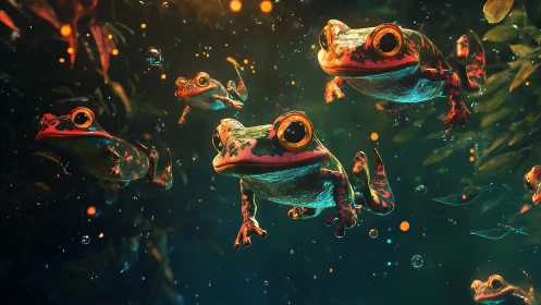 Bioluminescent tropical frogs suspended in cinematic aquatic depth