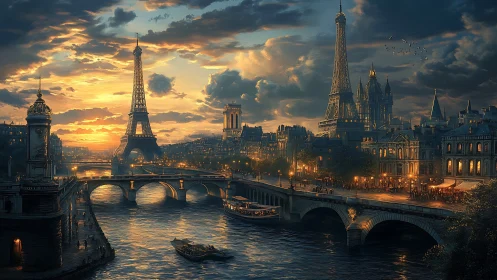 Golden Paris evening by the river with glowing city lights.