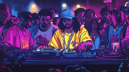 Neon hip-hop DJ collective in stylized comic crowd scene.