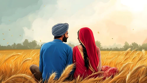 Couple in Wheat Field at Sunset.