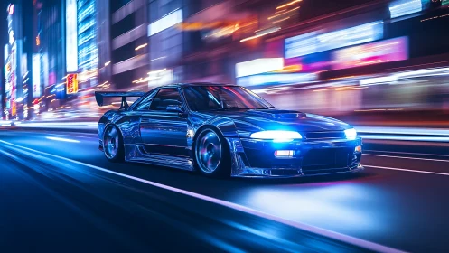 Neon street racer slices through a cyberlit midnight city rush