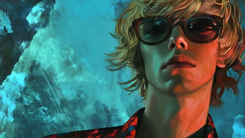 Stylized portrait with dramatic rim lighting and textured teal backdrop