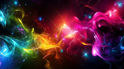 Multicolor abstract light streams on dark digital background.