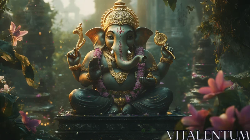 Divine Ganesha idol in lush misty temple garden setting.
