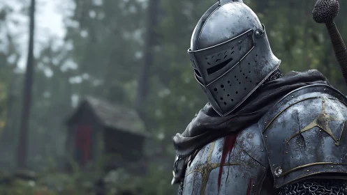 Armored medieval knight stands in forest near small cabin