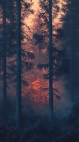 Wildfire Burns Through Ancient Forest in Dramatic Twilight