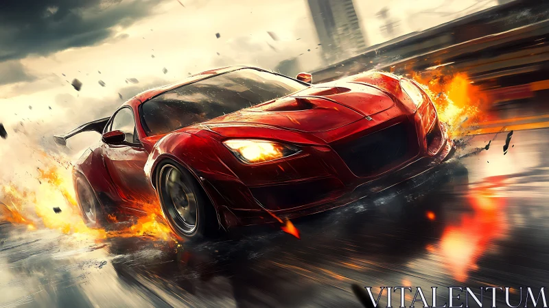 Blazing red street racer carving fire across wet asphalt.