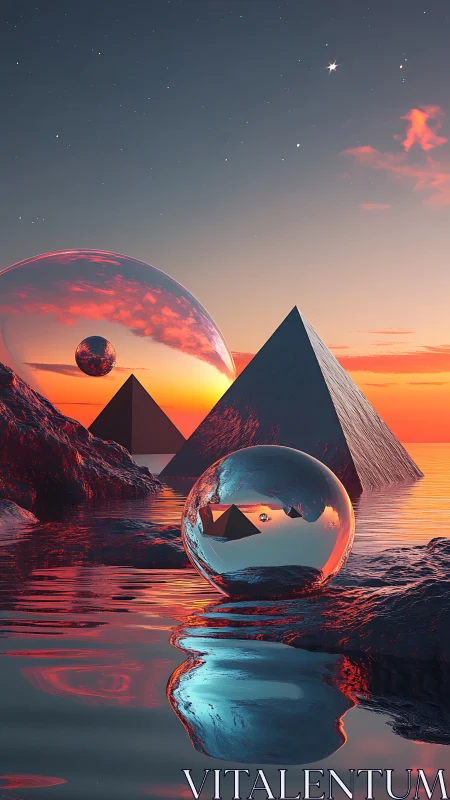 Glass spheres and pyramids over vivid alien seascape.