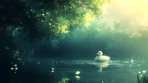Sunlit forest pond with a daydreaming little duckling.