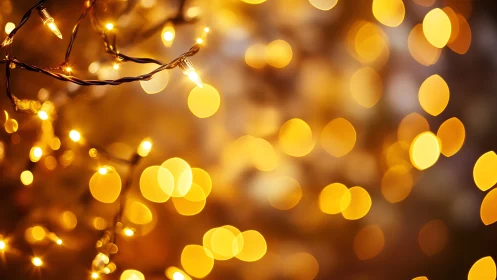 Golden fairy lights shimmer in dreamy festive bokeh glow.