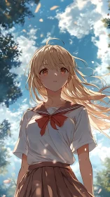 Sunlit schoolgirl standing beneath a bright, drifting sky.