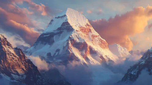 Sunlit titan of snow rising through ember-tinged clouds.