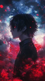 Side-lit anime silhouette with red volumetric nebula and glowing eyes