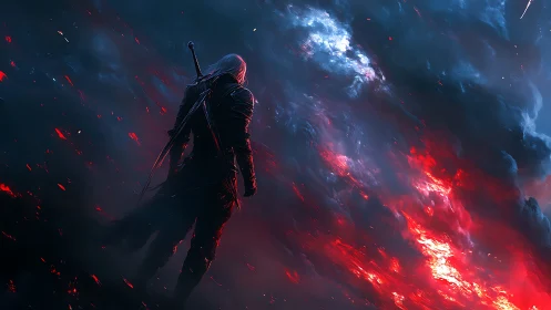 Warrior with sword faces fiery cosmic storm in darkness.