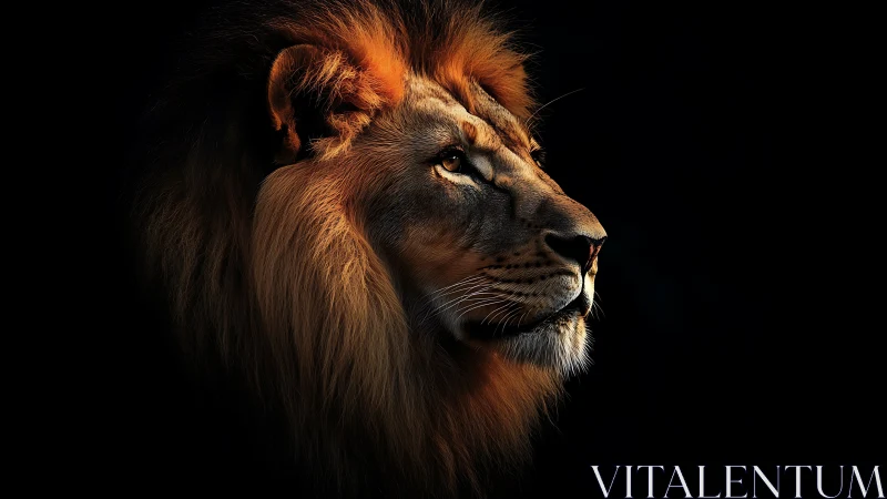 Regal male lion portrait glows against deep black backdrop.