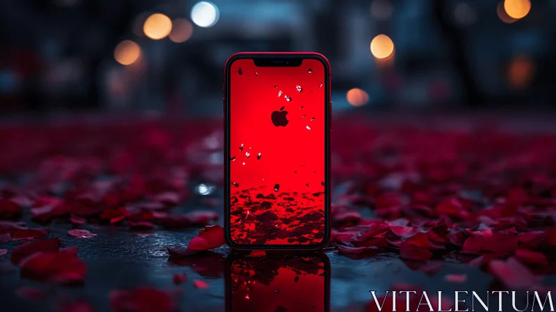 Red iPhone Display Surrounded by Rose Petals in Bokeh Environment