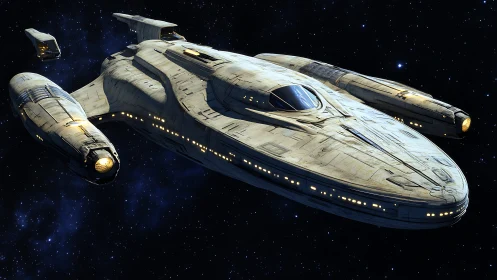 3D starcruiser flotilla with sleek hull geometry in deep space.