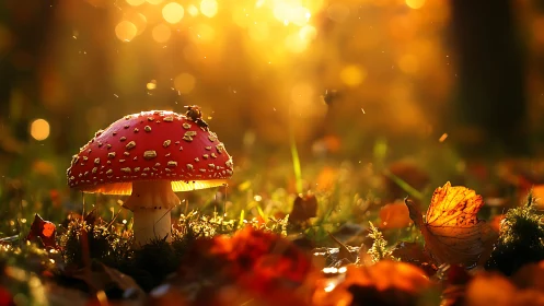 Sunlit toadstool glows in a golden autumn forest dream.