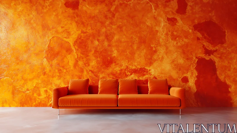 Monochrome orange sofa interior with textured abstract wall.
